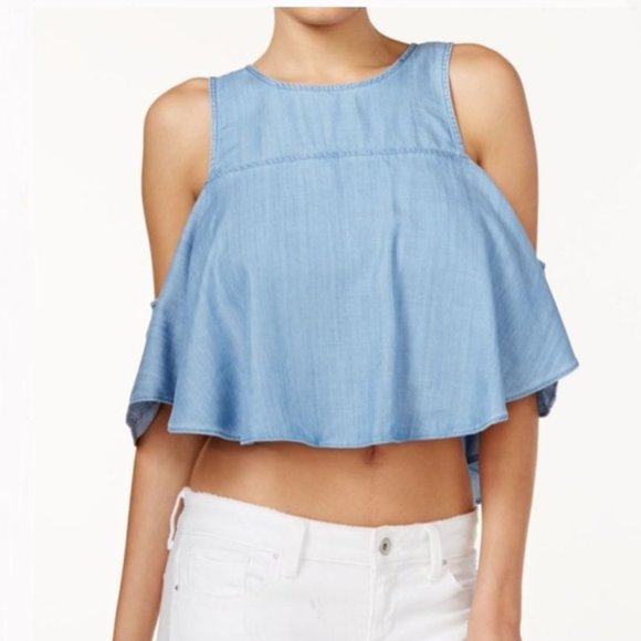 GUESS Blue Cold Shoulder Cropped Top - Picture 7 of 9